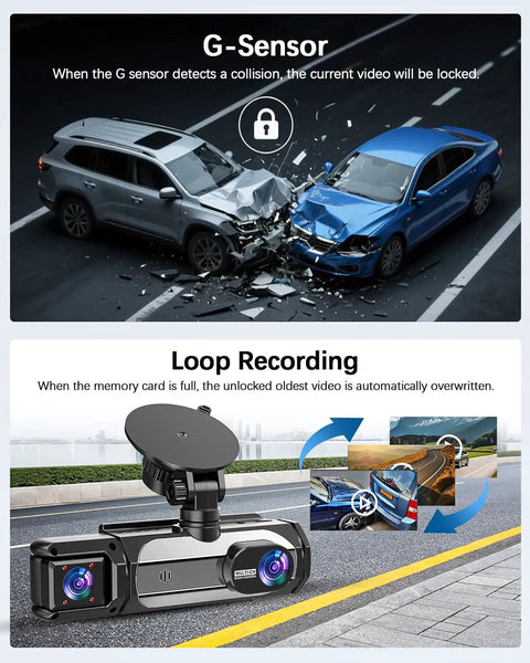 3 Channel Dash Cam For Cars Front Cabin And Rear Cameras With 1080P Resolution G Sensor Loop Recording Feature Image