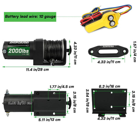 2000 Pound ATV Winch Kit With Synthetic Rope 12V Electric Waterproof Tow Winch RV Ready Off Road Recovery Wired Remote Controller Mounting Plate Fairlead And Hook with 10 gauge lead wire