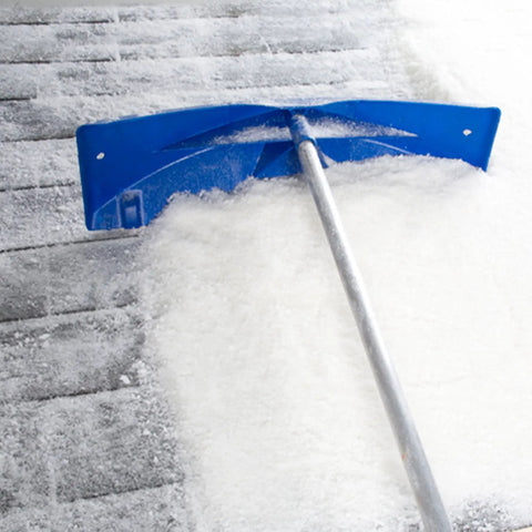 Heavy Duty Extendable Roof Snow Rake With Gliding Rubber Wheels And Lightweight Aluminum Handle clearing snow off a roof.
