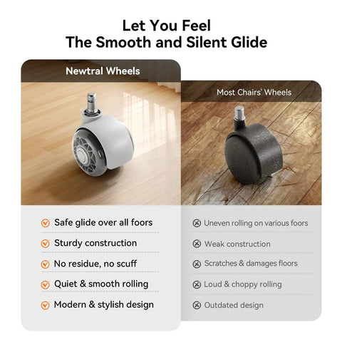Comparison of criss cross office chair wheels highlighting silent glide vs rough surface, showcasing ergonomic design advantage.