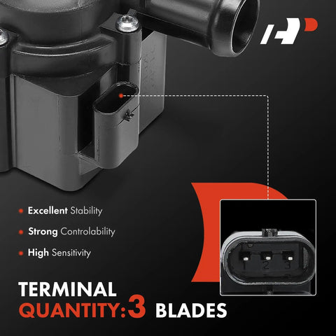 Heavy Duty Auxiliary Engine Water Pump Replacement Compatible With Audi A8 Q5 R8 S4 S5 showing 3 blade terminal and connection details.