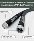 Garden hose with black soft outer and two 3/4-inch USA-standard connectors; rubber seal washers visible close-up