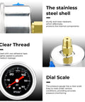Glycerin-Filled Low Pressure Gauge 0-60 PSI, 1.5 Inch Dial, One-Eighth Inch NPT, stainless steel case, gauge details highlighted