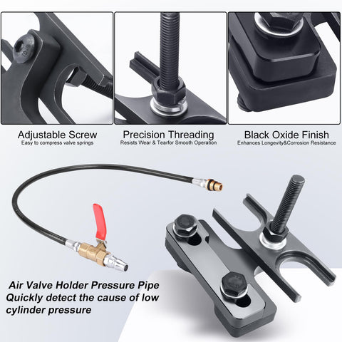 Upgraded Pro Grade Valve Spring Compressor Tool Kit With Box For LS Engines shown with air valve holding hose and tools
