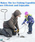 Parent and child using Pro Grade 14 Piece Ice Anchor Drill Adapter Kit For Ice Fishing Shelter Setup on snowy ice surface with tools visible