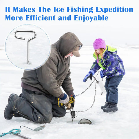 Parent and child using Pro Grade 14 Piece Ice Anchor Drill Adapter Kit For Ice Fishing Shelter Setup on snowy ice surface with tools visible
