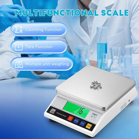 Top Notch Digital Lab Scale 10kg Capacity With 0.1g Precision, Fast Readout, stainless steel pan in lab setting
