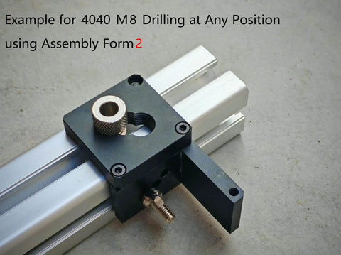 Aluminum Extrusion Drill Jig And Tap Guide 2 In 1 For Access Holes In 20 30 40 Series European Standard Aluminum Profiles Ideal For DIY Furniture 3D Printing CNC And Hobby Machining Projects, installed on aluminum profile with M8 bushing visible.