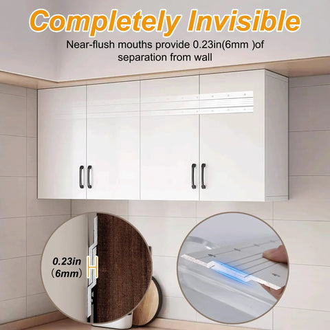 Beefy Heavy Duty 30 Inch Aluminum French Cleat Set on white cabinets showing near-flush mounting and 0.23 in gap details
