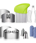 Romooa 10-piece finger guard set for kitchen cutting; stainless steel guards with green-handled tool and attachments