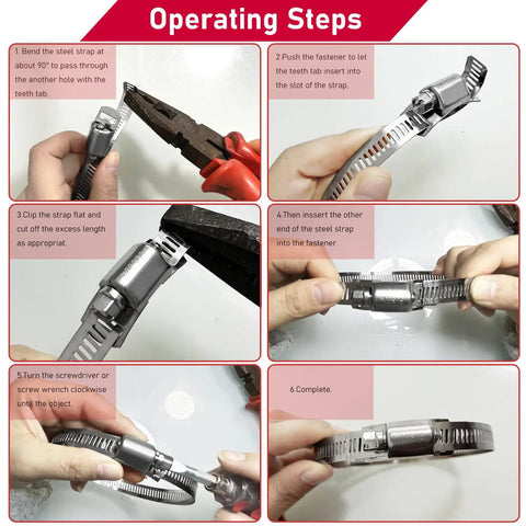 Operating steps for Do It Yourself Adjustable Stainless Steel Hose Clamp Kit With 9.8 Ft Worm Gear Band And 6 Heavy Duty Fasteners