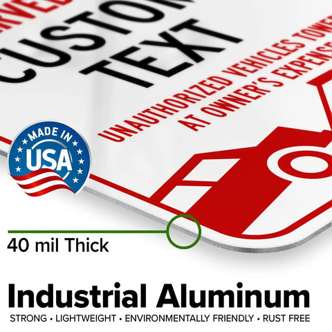 Close-up of No Parking Sign For Biz Use, Custom Reserved Parking Sign 10x14 Inches, Rust Free 040 Aluminum, Made In USA label.