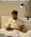 Man reading in bed under Clip On Desk Lamp With Five Color Modes And Stepless Dimming For Reading And Work 10W 38 LED Clamp Light