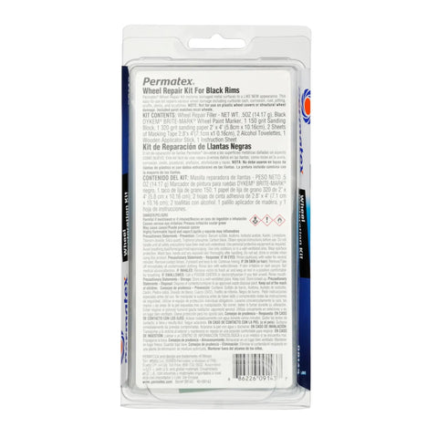 Permatex Wheel Repair Kit for Black Rims with details on contents and instructions for DIY wheel restorations.