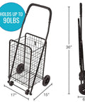 Folding Shopping Cart With Wheels For Grocery And Laundry, Lightweight Yet Durable Trolley Holds Up To 90 Lbs, dimensions shown