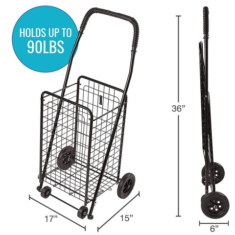 Folding Shopping Cart With Wheels For Grocery And Laundry, Lightweight Yet Durable Trolley Holds Up To 90 Lbs, dimensions shown