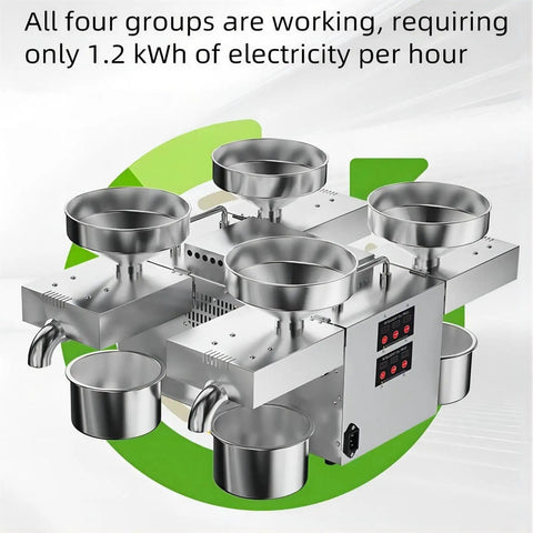 Hot And Cold Pressing Automatic Electric Oil Extractor Machine 2400W showing four stainless steel outlets for oil extraction.