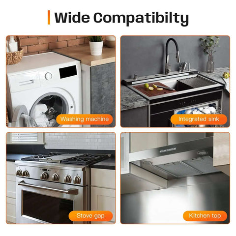 Image showing wide compatibility of kitchen appliances including washing machine, integrated sink, stove gap, and kitchen top.