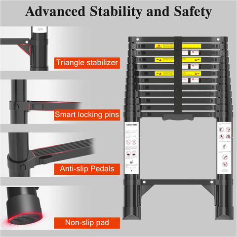 Heavy Duty Aluminum Telescoping Ladder 12.5 Ft Extension Ladder 330 Lb Load Black With Auto Lock Pins Anti Slip Rungs Textured Steps For Rock Solid Stability And Easy Safe Reach. Folded ladder showing stabilizer, locking pins, and non-slip pads