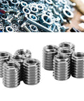 10 Piece Thread Repair Insert Kit For Cars And Machinery, Fix Stripped Threads Fast From M5x0.8 To M8x1.25, 0.4in Length, 303 Stainless Steel, Corrosion Resistant, Save Parts And Downtime With Easy DIY Install. 303 stainless steel threaded inserts shown on white