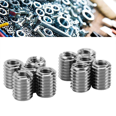 10 Piece Thread Repair Insert Kit For Cars And Machinery, Fix Stripped Threads Fast From M5x0.8 To M8x1.25, 0.4in Length, 303 Stainless Steel, Corrosion Resistant, Save Parts And Downtime With Easy DIY Install. 303 stainless steel threaded inserts shown on white