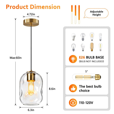 3 Pack Gold Pendant Lights For Kitchen Island Featuring 8.7 Inch Hand Blown Clear Art Glass Globes adjustable height with gold accents