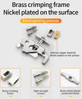 Brass crimping frame, nickel plated, shown disassembled with high-strength screws and conductive sheet.