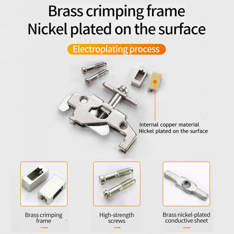 Brass crimping frame, nickel plated, shown disassembled with high-strength screws and conductive sheet.