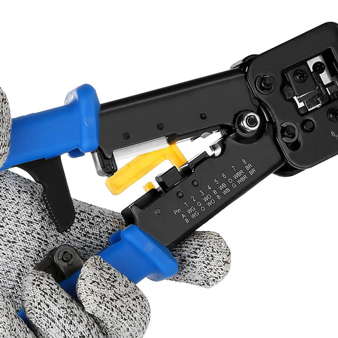 Close-up of All In One RJ45 Crimp Tool Kit With Pass Through Cat5e And Cat6 Connectors, showing crimping tool in gloved hand.