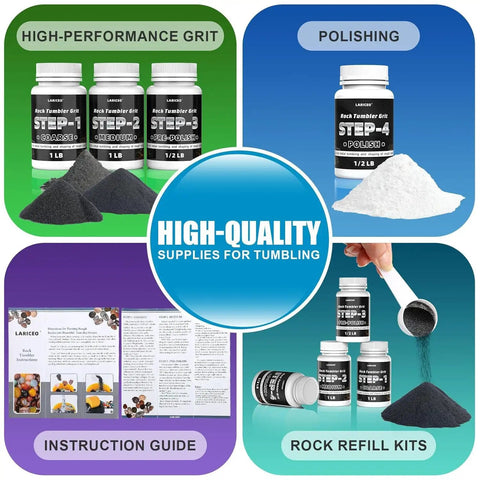 High-quality supplies for tumbling and polishing featuring grit kits and instruction guide.