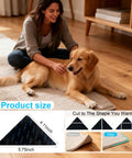 Woman with dog on rug, inset of 8-pack triangle rug tape 4.11 x 5.75 inches for non-slip, keeps corners flat on hardwood floors and tiles.