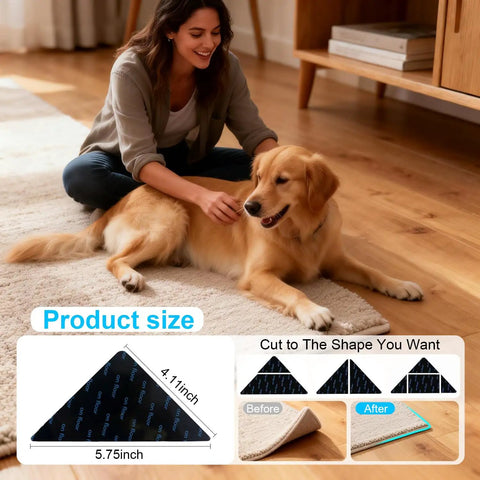 Woman with dog on rug, inset of 8-pack triangle rug tape 4.11 x 5.75 inches for non-slip, keeps corners flat on hardwood floors and tiles.