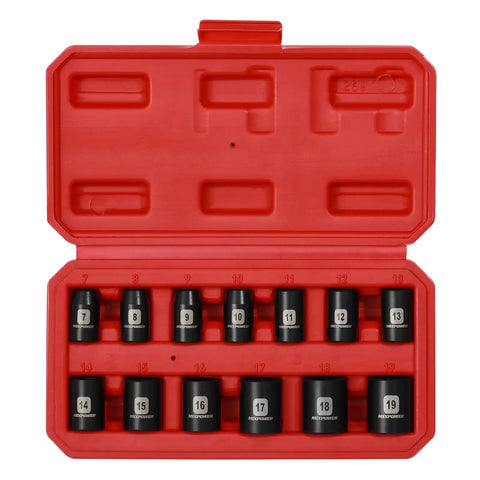 13 Piece 3/8 Inch Drive Shallow Impact Socket Set Includes 7mm To 19mm Metric 6 Point CR-V Steel in red case