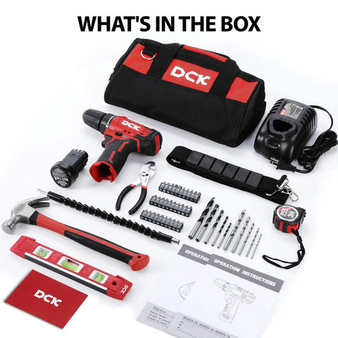 Brushless Cordless Drill Kit With 12V Max Power, 310 In Lbs Torque, tools and accessories laid out with carrying case