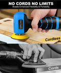 Compact Cordless Palm Sander With 16.8V Battery And 3 Inch Pad for quick sanding, shown in use on wood with yellow pad.