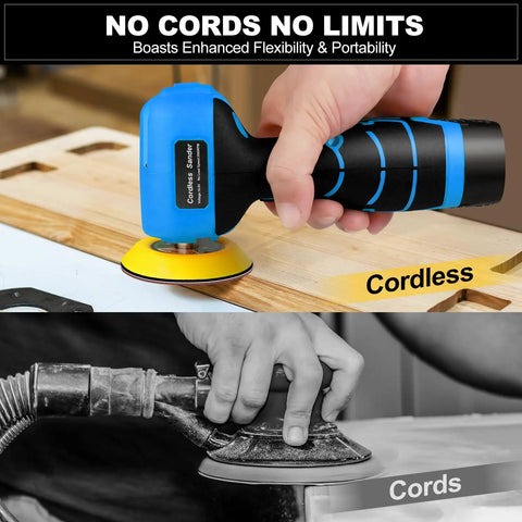 Compact Cordless Palm Sander With 16.8V Battery And 3 Inch Pad for quick sanding, shown in use on wood with yellow pad.