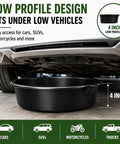 Top Tier 7 Quart Oil Drain Pan With Built In Scale Pour Spout For Cars Trucks SUVs And Motorcycles underneath a low vehicle.