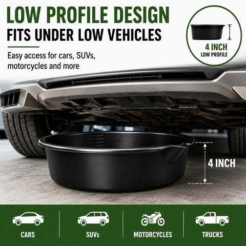 Top Tier 7 Quart Oil Drain Pan With Built In Scale Pour Spout For Cars Trucks SUVs And Motorcycles underneath a low vehicle.