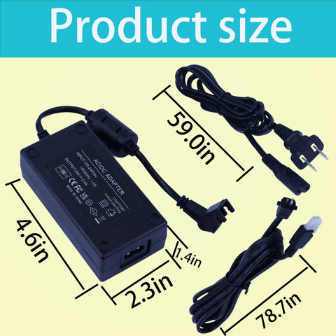 29V Adjustable Bed Power Supply Replacement Cord Three Piece Set showcasing dimensions and plugs for L300 Ergo Extend Sealy Ease