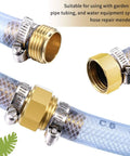 Four Pack Solid Brass Garden Hose Mender Kit With Male And Female Couplers For Five Eighth Inch Hoses Includes Tape Stainless Steel Clamp And Three Quarter Inch Rubber Gasket For Quick Leak Free Fixes close-up view