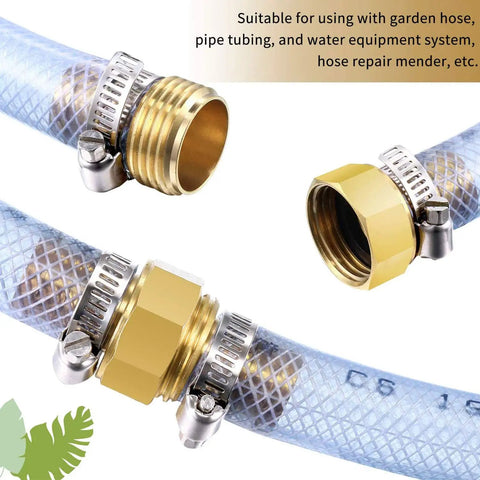 Four Pack Solid Brass Garden Hose Mender Kit With Male And Female Couplers For Five Eighth Inch Hoses Includes Tape Stainless Steel Clamp And Three Quarter Inch Rubber Gasket For Quick Leak Free Fixes close-up view