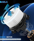Swap In That Smooth Cabin Warmth Fast With This Top Notch OE Replacement HVAC Blower Motor For Toyota Corolla 2009 To 2019 Made For Automatic Climate And Quick Bolt On, white fan with airflow graphics.