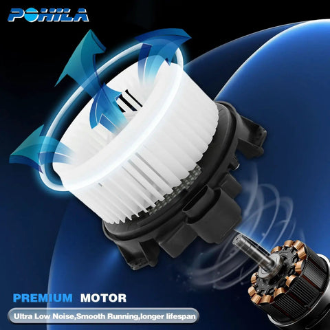 Swap In That Smooth Cabin Warmth Fast With This Top Notch OE Replacement HVAC Blower Motor For Toyota Corolla 2009 To 2019 Made For Automatic Climate And Quick Bolt On, white fan with airflow graphics.