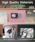 Image of a pink mini safe box with code and keys, small home money safe, shown on a desk with detail insets of steel and metal parts.