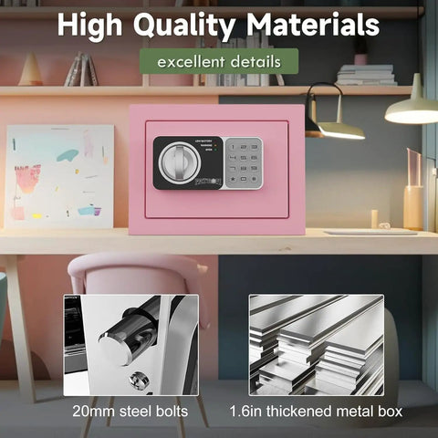 Image of a pink mini safe box with code and keys, small home money safe, shown on a desk with detail insets of steel and metal parts.