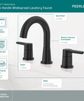 Flute Bath Faucet In Matte Black With High Arc Spout For Three Hole Six To Sixteen Inch Installations, ADA Compliant, WaterSense Labeled, Includes Fifty Fifty Pop Up Drain, Quarter Turn Handles, Half 14 NPSM Adapters And Lifetime Warranty - display with faucet dimensions and features overview.