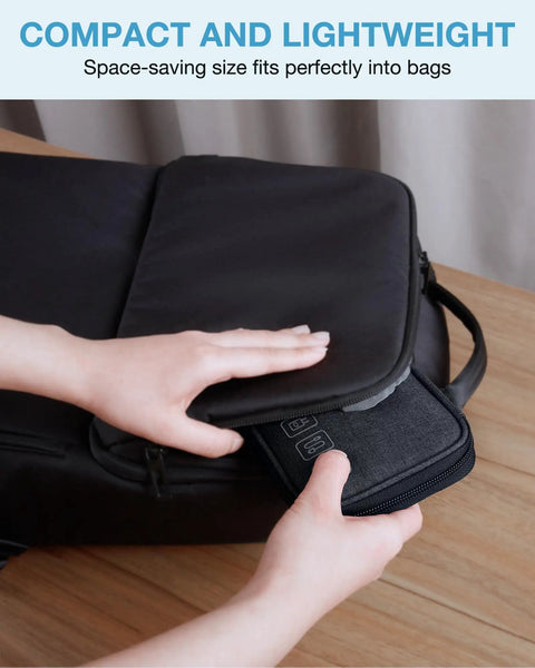 Person placing black Cord Organizer Travel Kit For Chargers And Cables, Slim Single Layer Tech Bag into a suitcase.