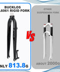 Comparison of Bucklos AL6061 Rigid Mountain Bike Fork and other suspension fork, showing weight difference.