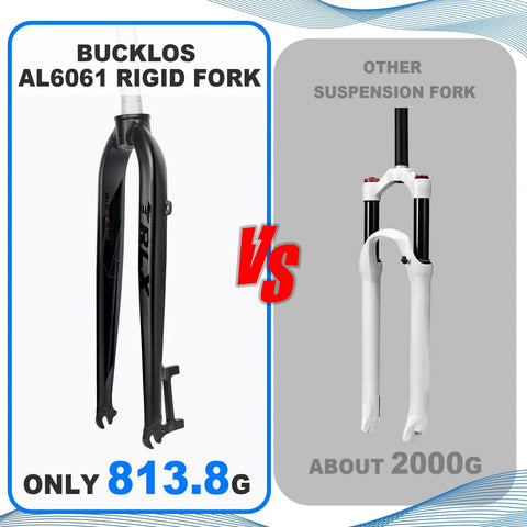 Comparison of Bucklos AL6061 Rigid Mountain Bike Fork and other suspension fork, showing weight difference.