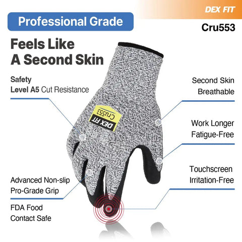 Level 5 Cut Resistant Gloves With 3D Comfort Stretch Fit And Top Notch Grip For Pro Jobs, ANSI A5 Protection, Non Slip Grip